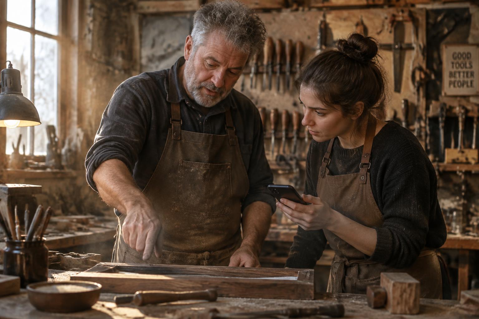 A retired tradesman explaining a repair to a younger maker in a workshop